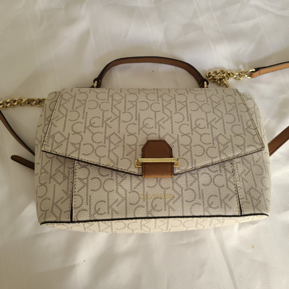 Calvin Klein monogram crossbody signature satchel beige/cream and brown leather